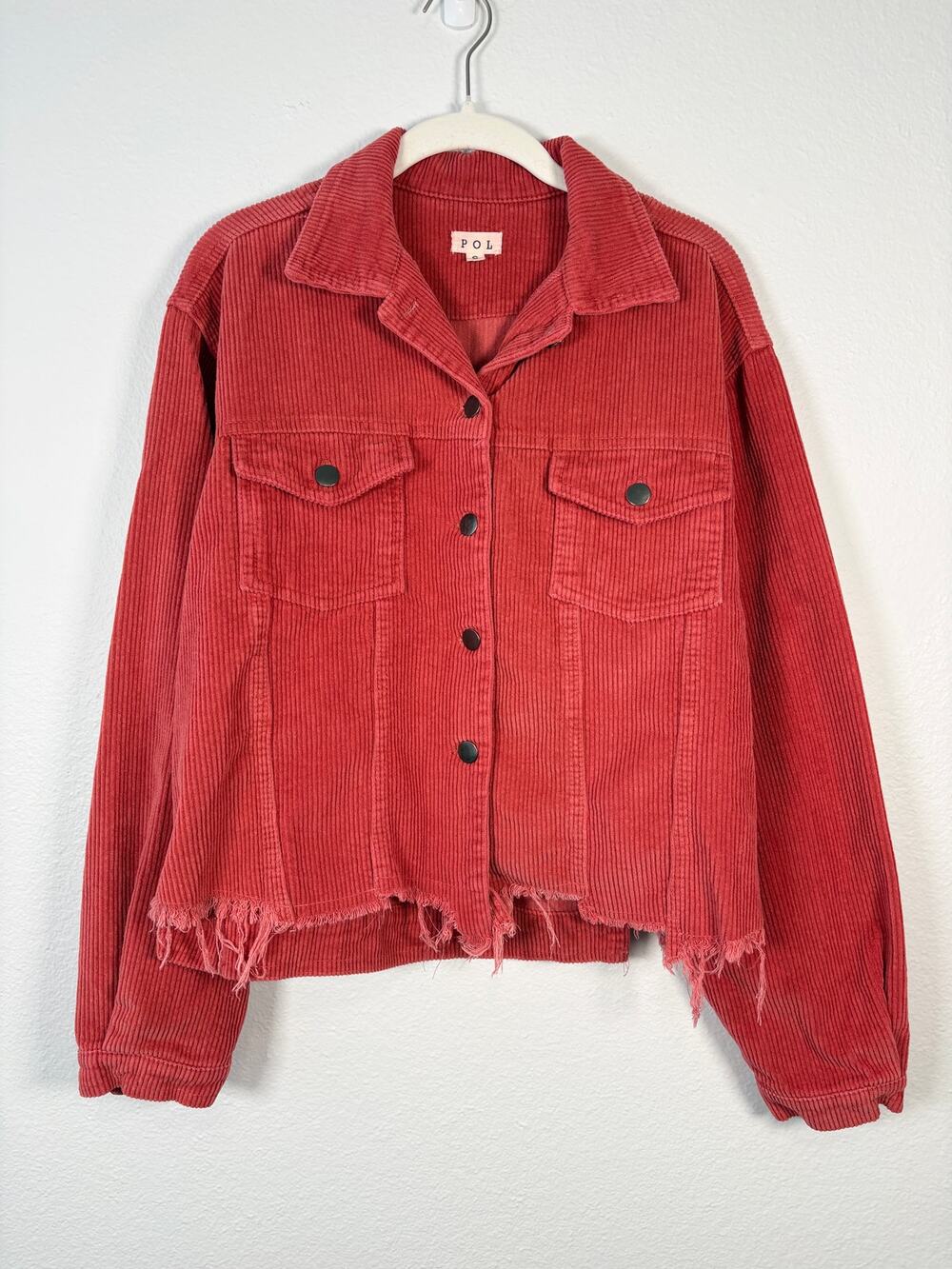 POL Boho Boutique Red Corduroy Distressed Frayed Hem Oversized Shirt Jacket